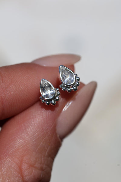 Mini Stud Earrings Silver Pear Shaped White Topaz Jewelry Tiny Teardrop Studs for Seconds Small White Stone Earrings Multiple Piercing Studs